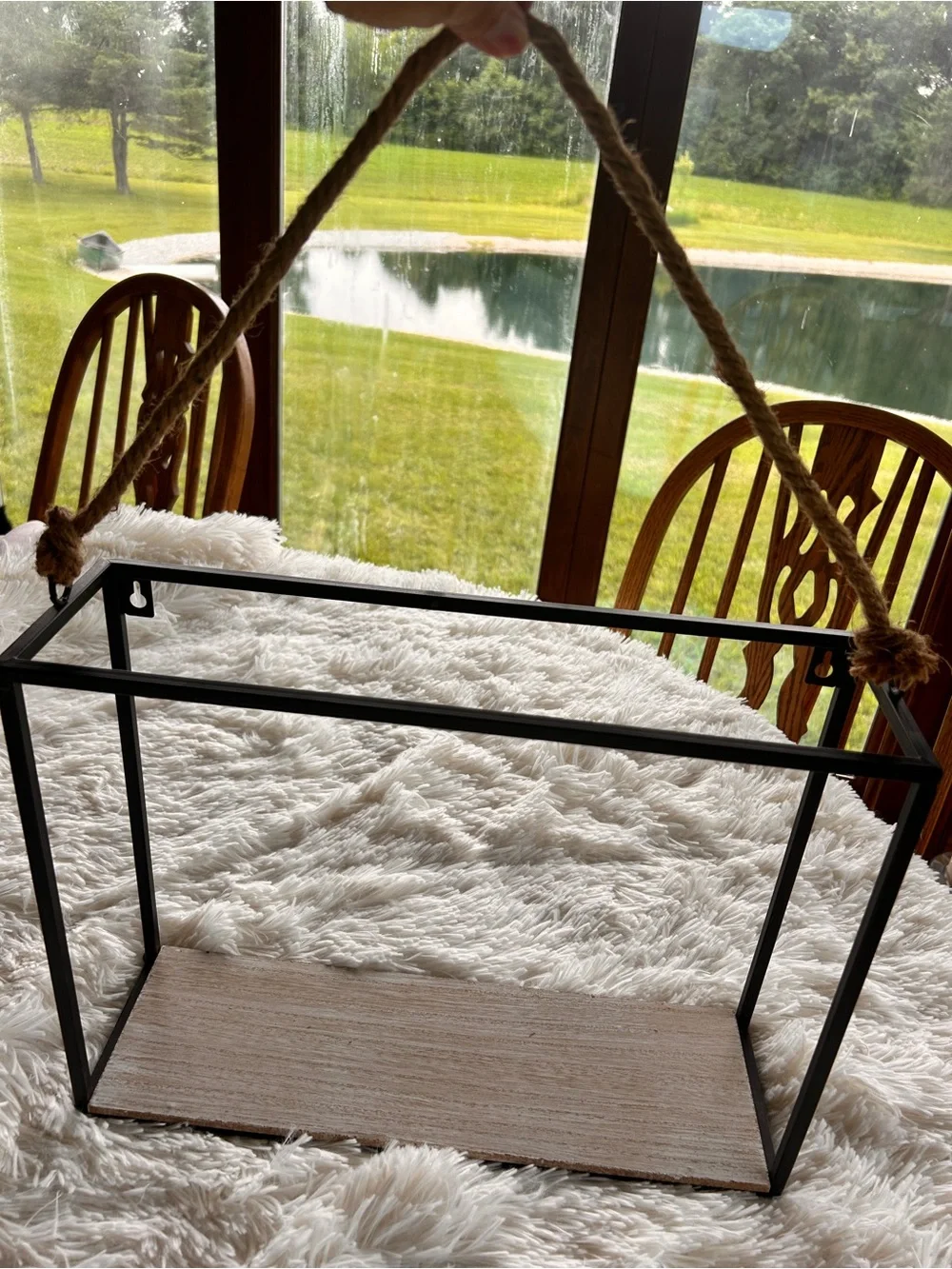 Black Metal Hanging Display Shelf with Rope Size 16 x 12”